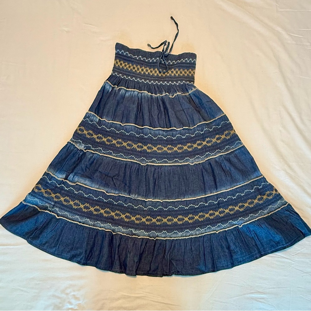 Indigo & Lace Smocked Denim Dress with Embroidered Tiers – Size L